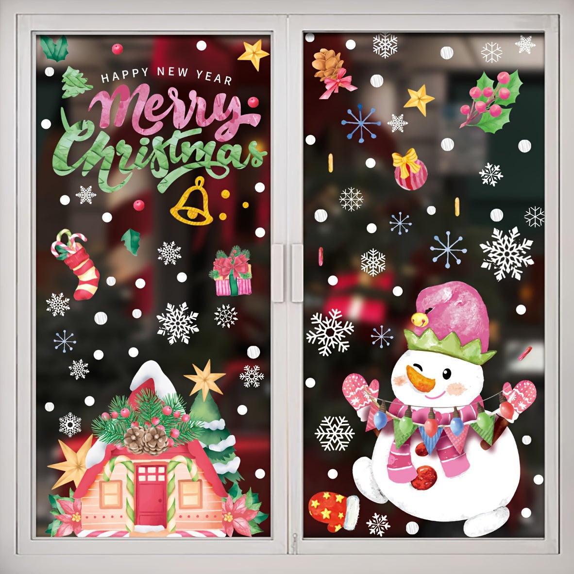 Holiday Window Sticker Set with Candy Canes Snowman Snowflakes Static Clings Garland Elk Santa Glass