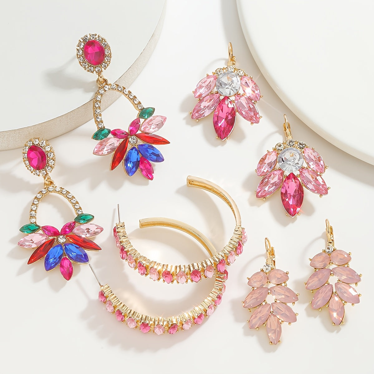 Pink Floral and Leaf Earrings with Rhinestones for Women Gold-Tone Zinc Alloy Jewelry