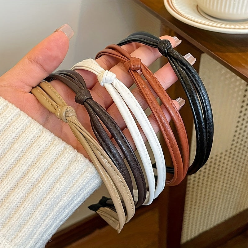 Women's PU Leather Hairbands Set of 5 Wide Side Headbands with Cross Knot Design