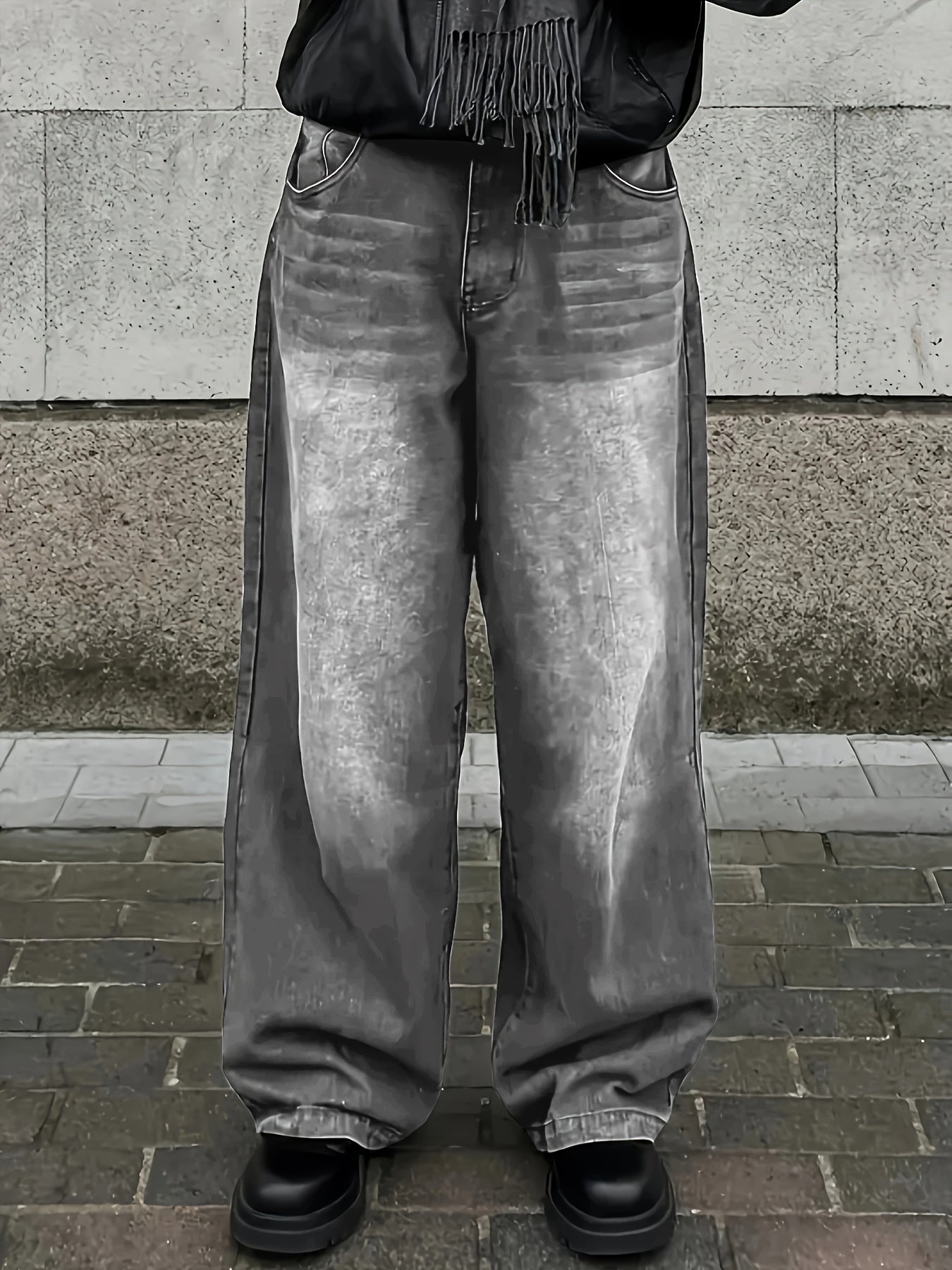 Men's Extra Long Loose Fit Denim Jeans with Geometric Pattern Cotton Blend Non Stretch Fabric Zipper Fly All Season