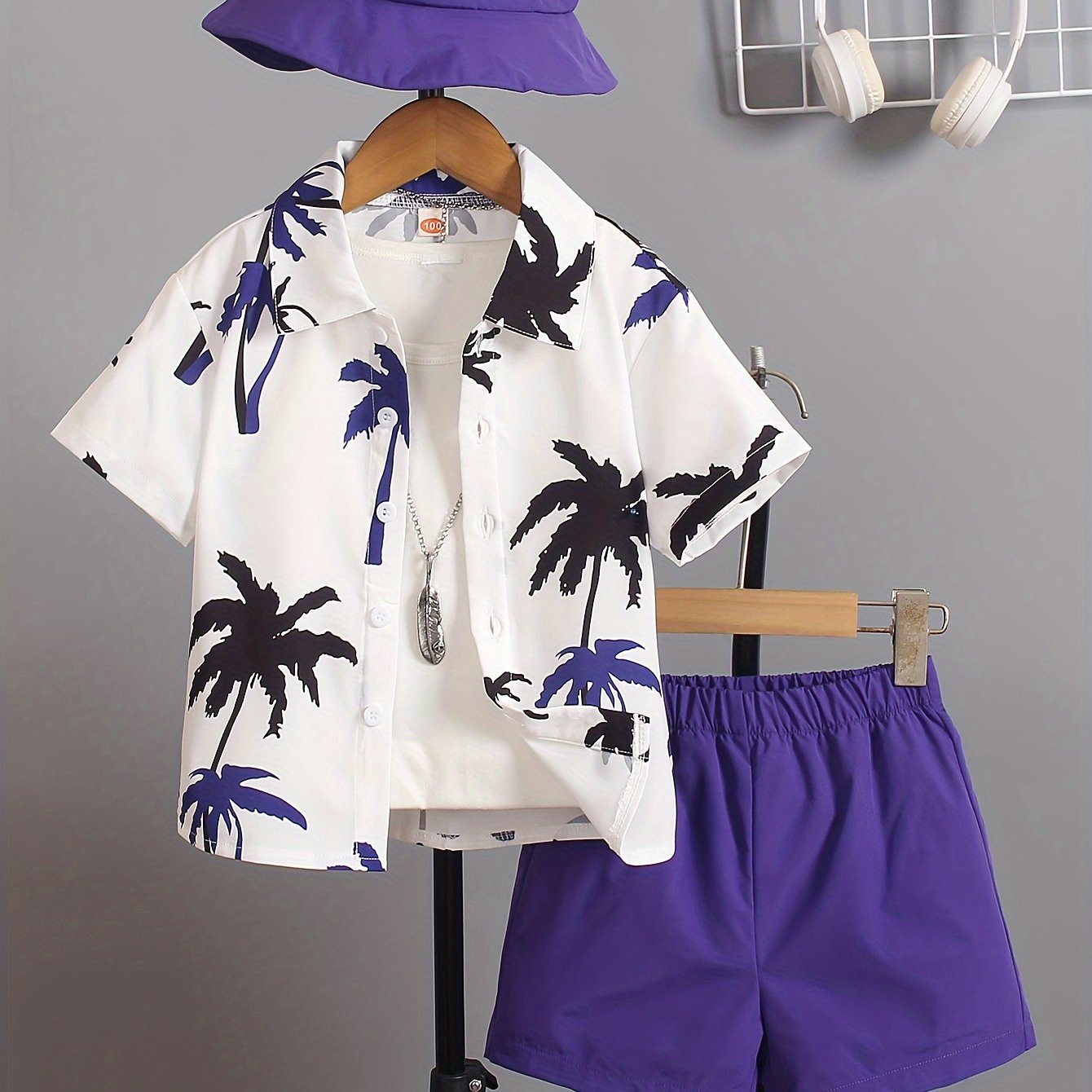 Boys Summer Clothing Set with Coconut Tree Graphic Shirt Shorts Hat for Kids