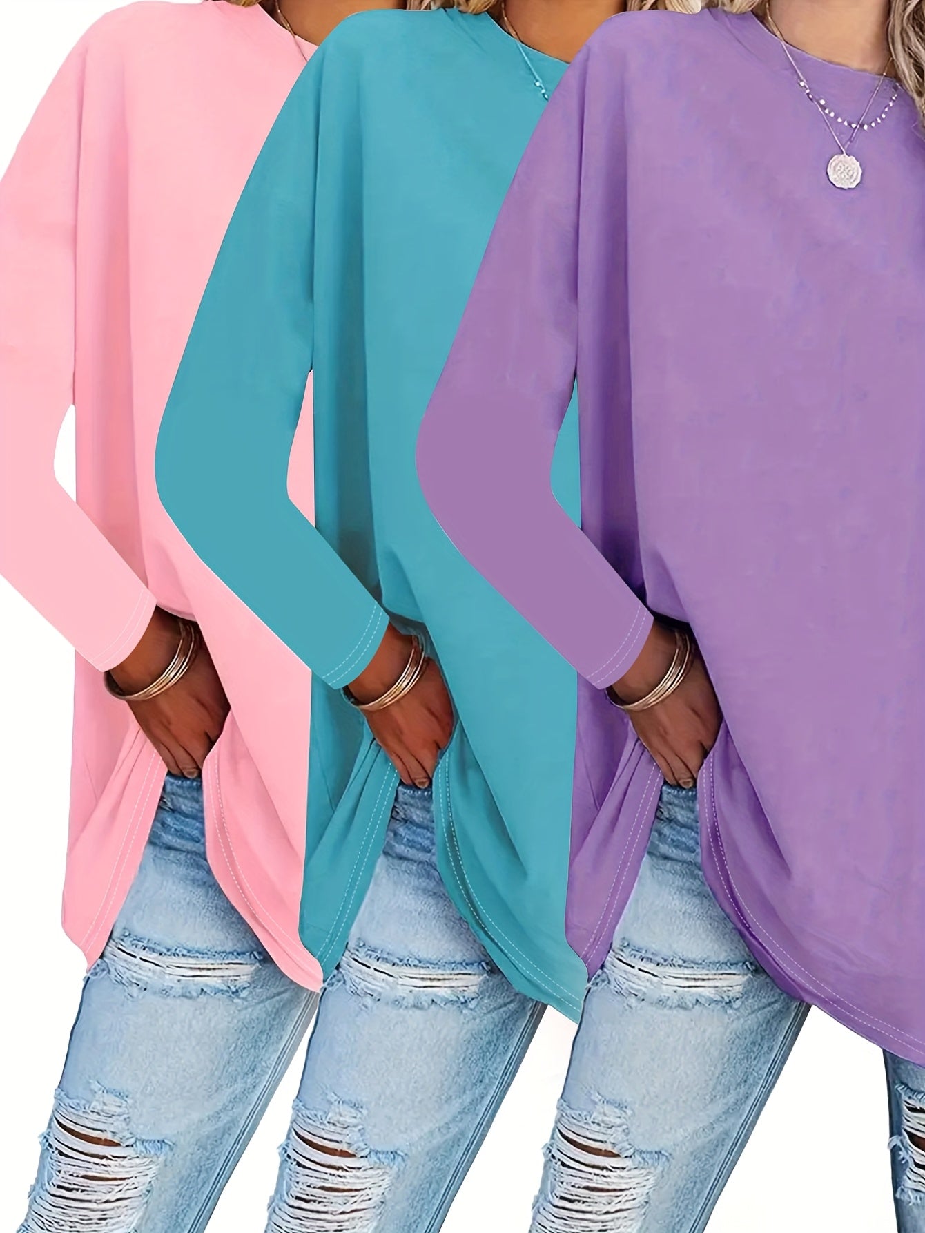 Женские свободные топы с длинным рукавом и круглым вырезом, 3 шт. в наборе, весна-лето, цветовые комплекты