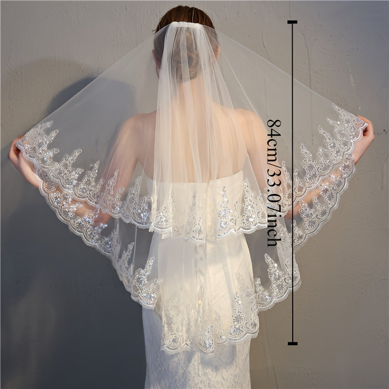 2-Layer Sequin Bridal Veil and Comb Set for Weddings and Events