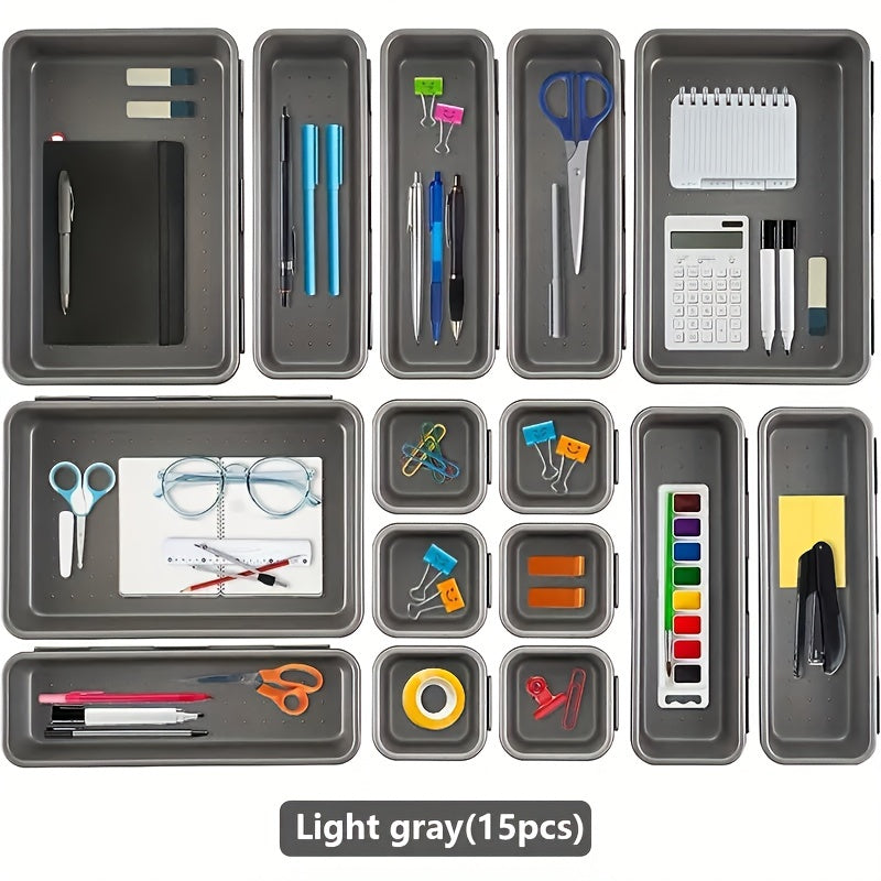 15-Piece Interlocking Desk Drawer Organizer Set for Office Bathroom Kitchen Makeup