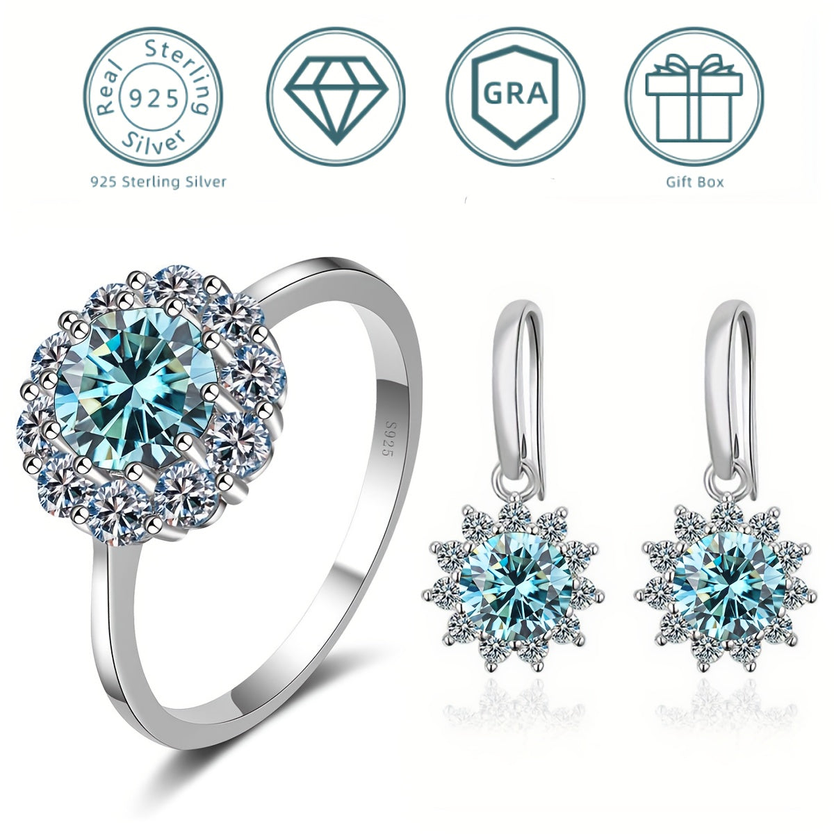 Moissanite Jewelry Set with Ring and Earrings 1 Carat Sterling Silver Engagement Gift