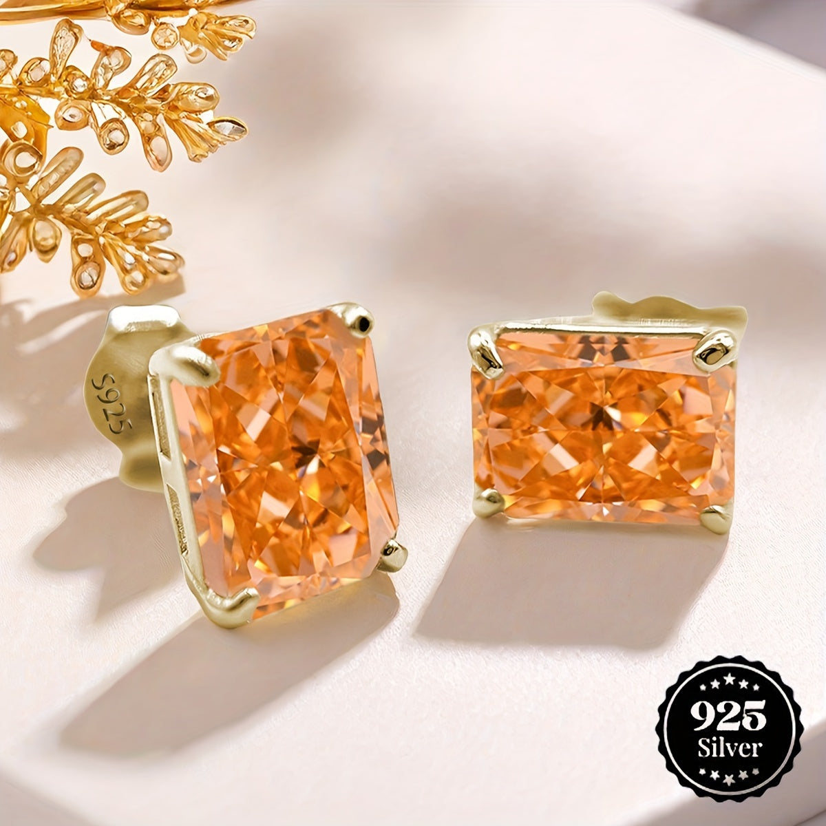 Pendientes de aro de morganita naranja de 8x10mm en plata con zirconia sintética rectangular, joyería