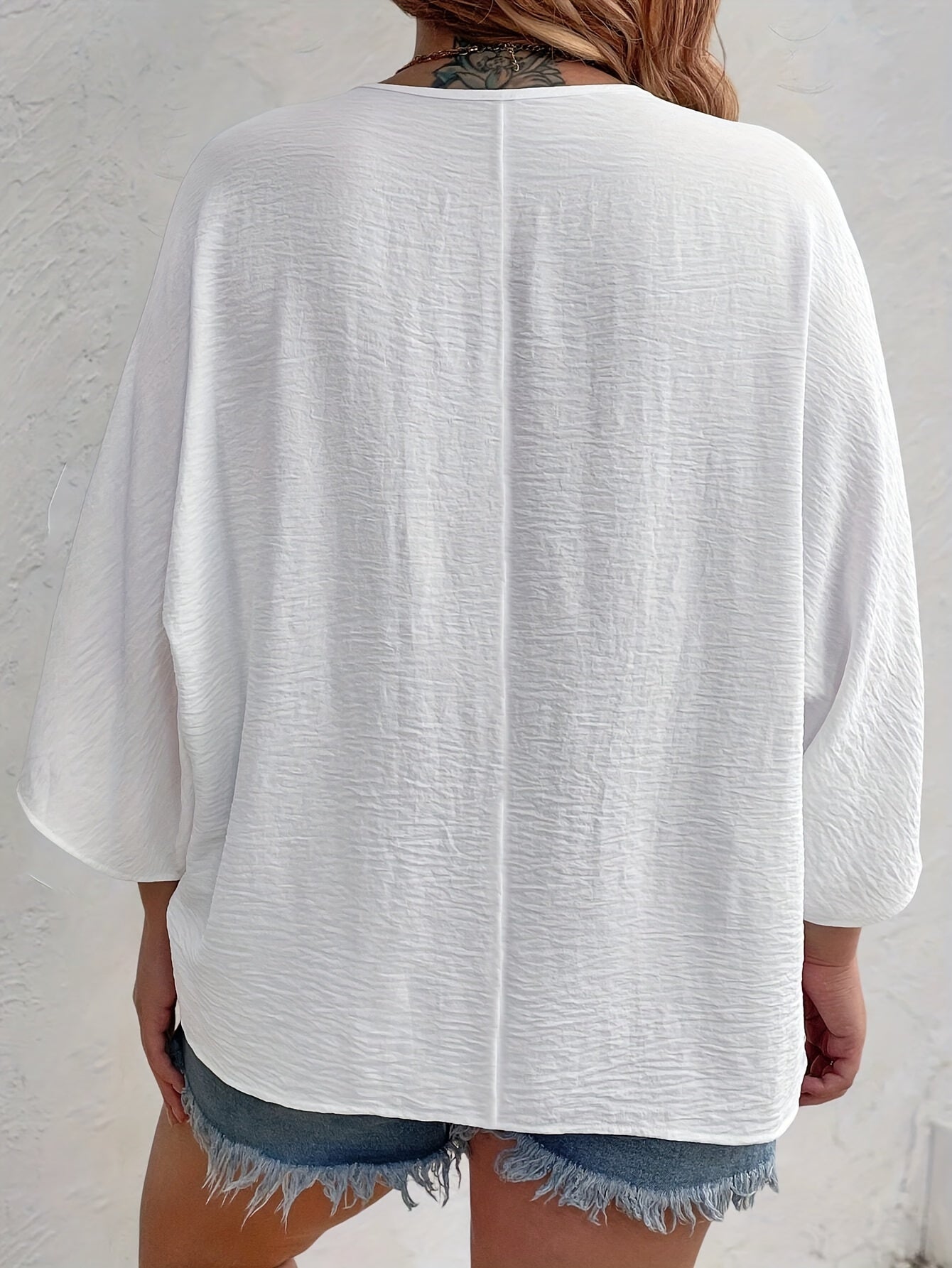 Plus Size Women's V-Neck Long Sleeve Blouse Polyester Button Front Solid White Relaxed Fit