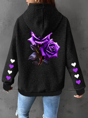 Women's Black Floral Print Hooded Jacket Lightweight Zip-Up All-Season Outerwear