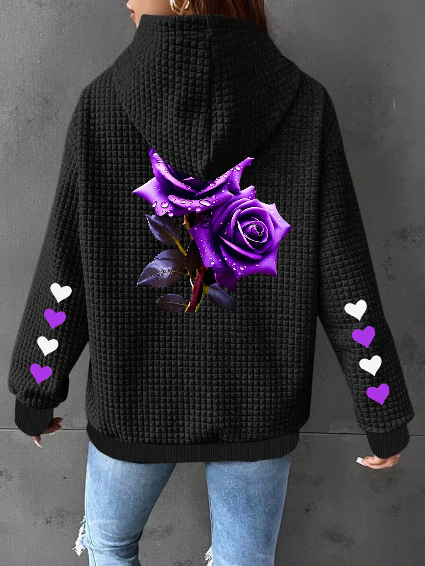 Women's Black Floral Print Hooded Jacket Lightweight Zip-Up All-Season Outerwear