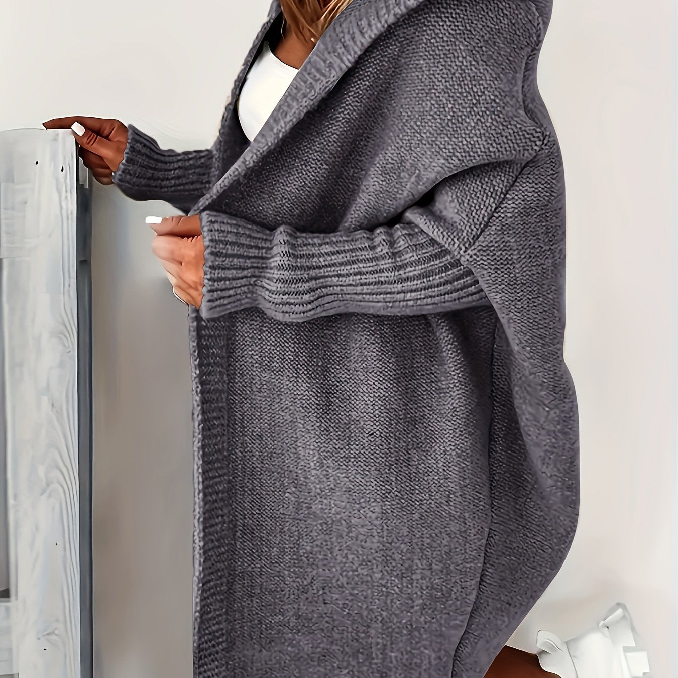 Plus Size Gray Cardigan with Batwing Sleeves for Spring Fall Casual Knit Polyester