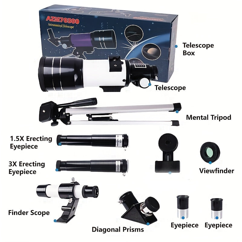 70mm Aperture Astronomical Refractor Telescope for Adults with 300mm Tripod and Phone Adapter