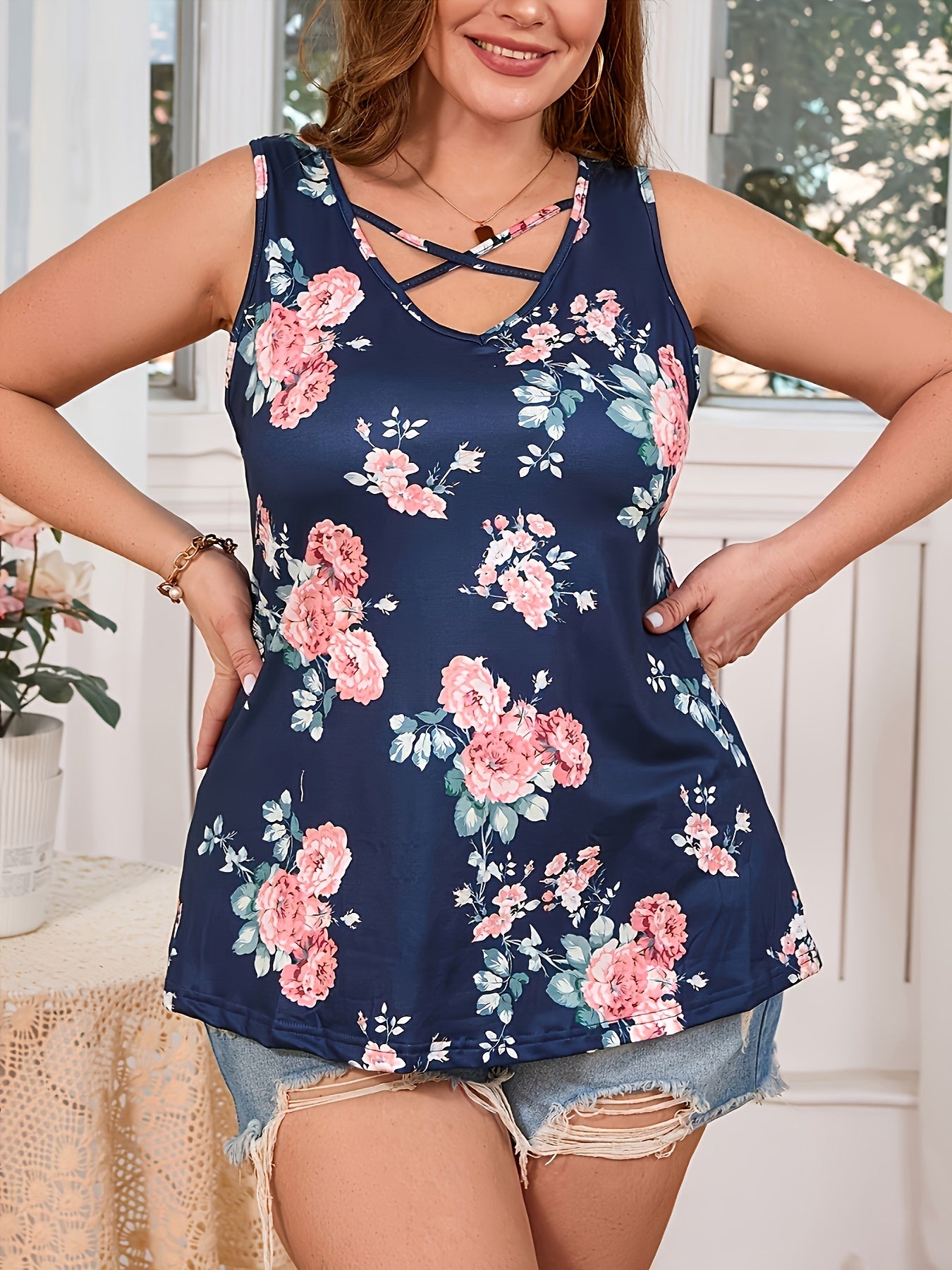Plus Size Cross-Neck Floral Print Vest for Women in 2025