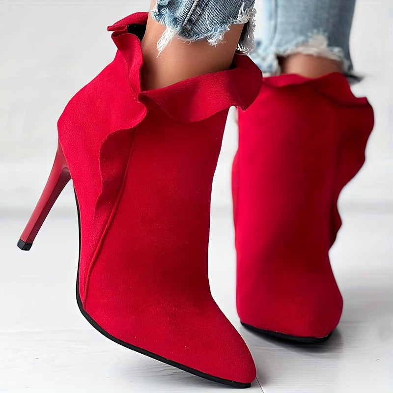 Women's Solid Color Stiletto Ankle Boots with Pointed Toe and Side Zipper