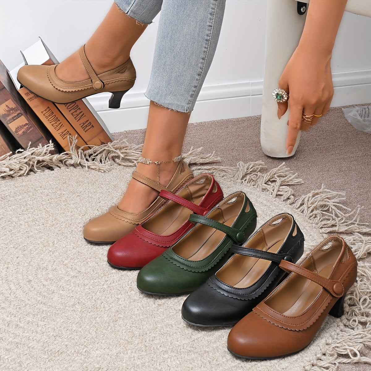 Women's Synthetic Chunky Mid-Heel Pumps with Round Toe and Decorative Strap