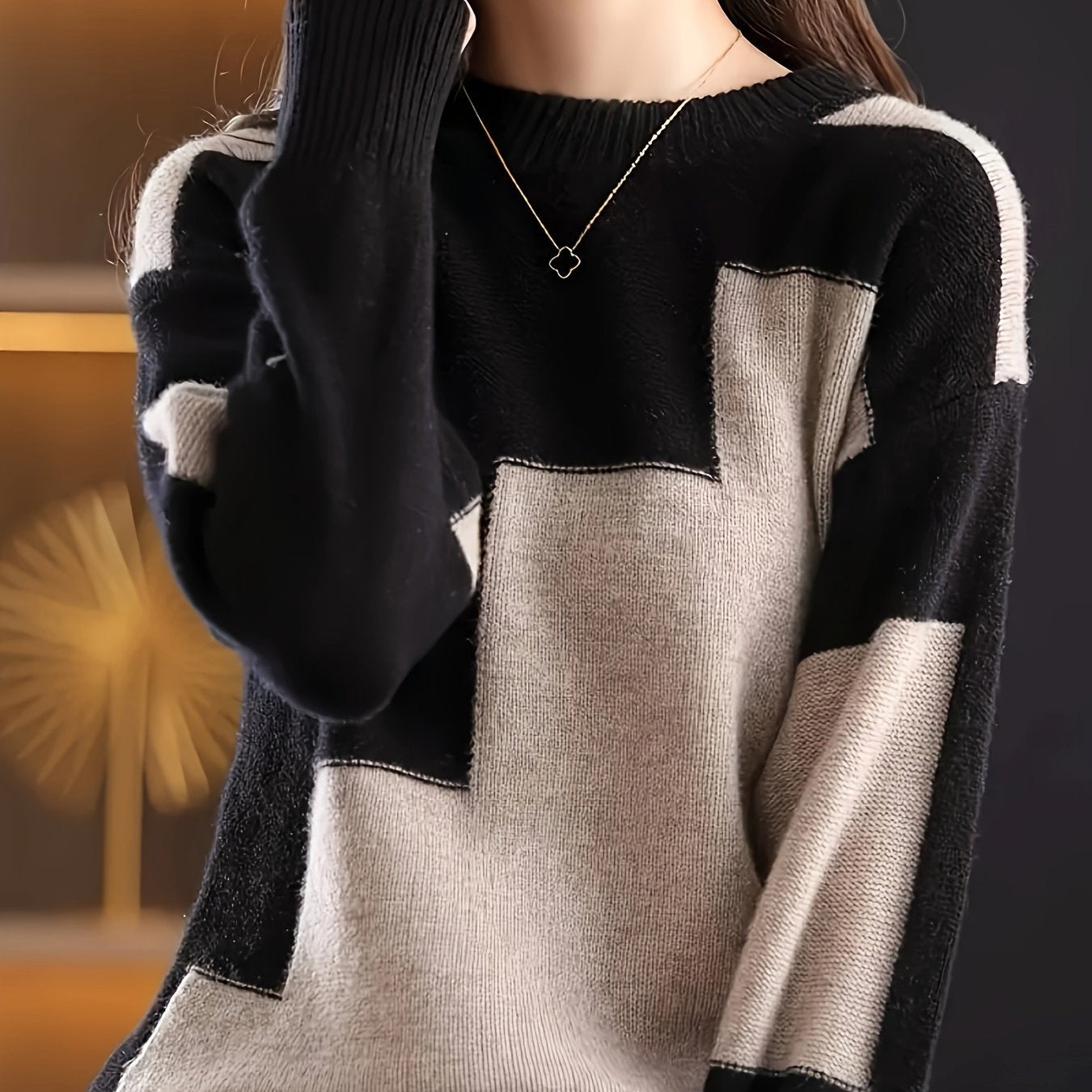 Women's Color-Blocked Crew Neck Sweater Knit Pullover for Autumn Winter
