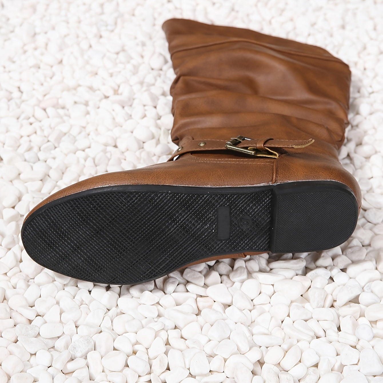 Women's Solid Color Mid-Calf Boots with Side Zipper and Buckle