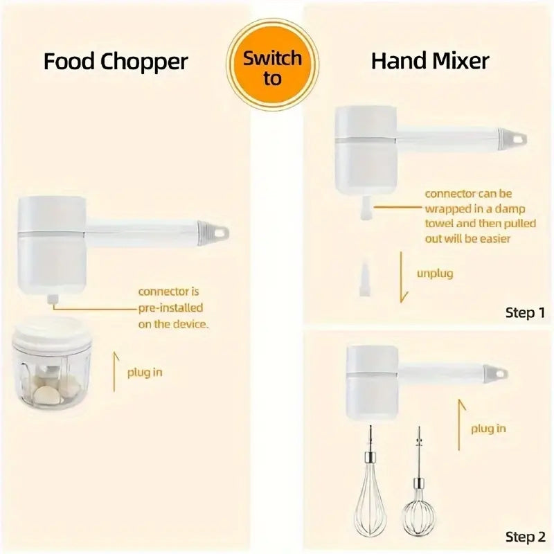 Cortador eléctrico multifunción con carga USB, 3 cuchillas afiladas, para ajo, pimientas, huevos y crema