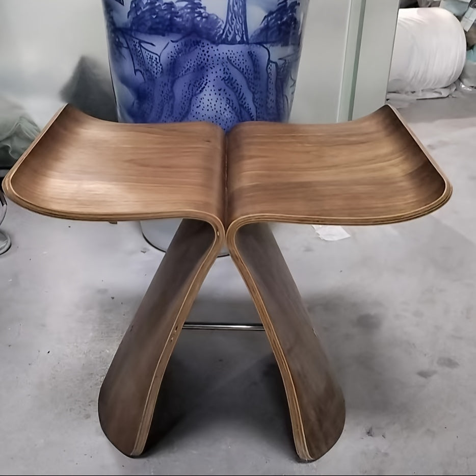 European Style Solid Wood Vanity Stool with Butterfly Design, Small Wooden Shoe Bench