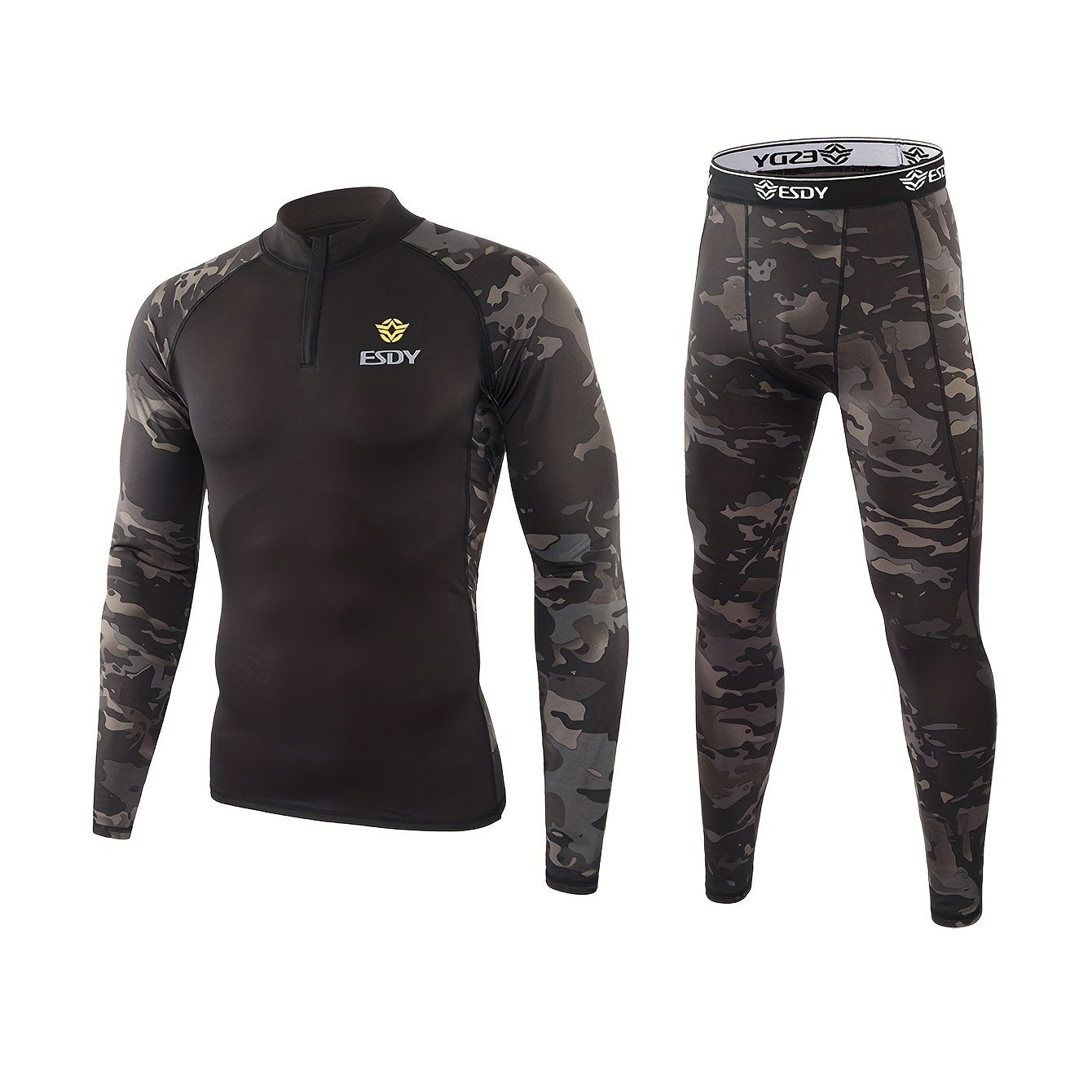 ESDY erkaklar uchun Combat Shirt va Camo Leggings to'plami yuqori cho'ziluvchan tikuv mato bilan zippersi bilan. Tor fit, uzun qo'l, 90% polyester va 10% spandexdan tayyorlangan. Sayohat va ochiq havoda foydalanish uchun ideal.