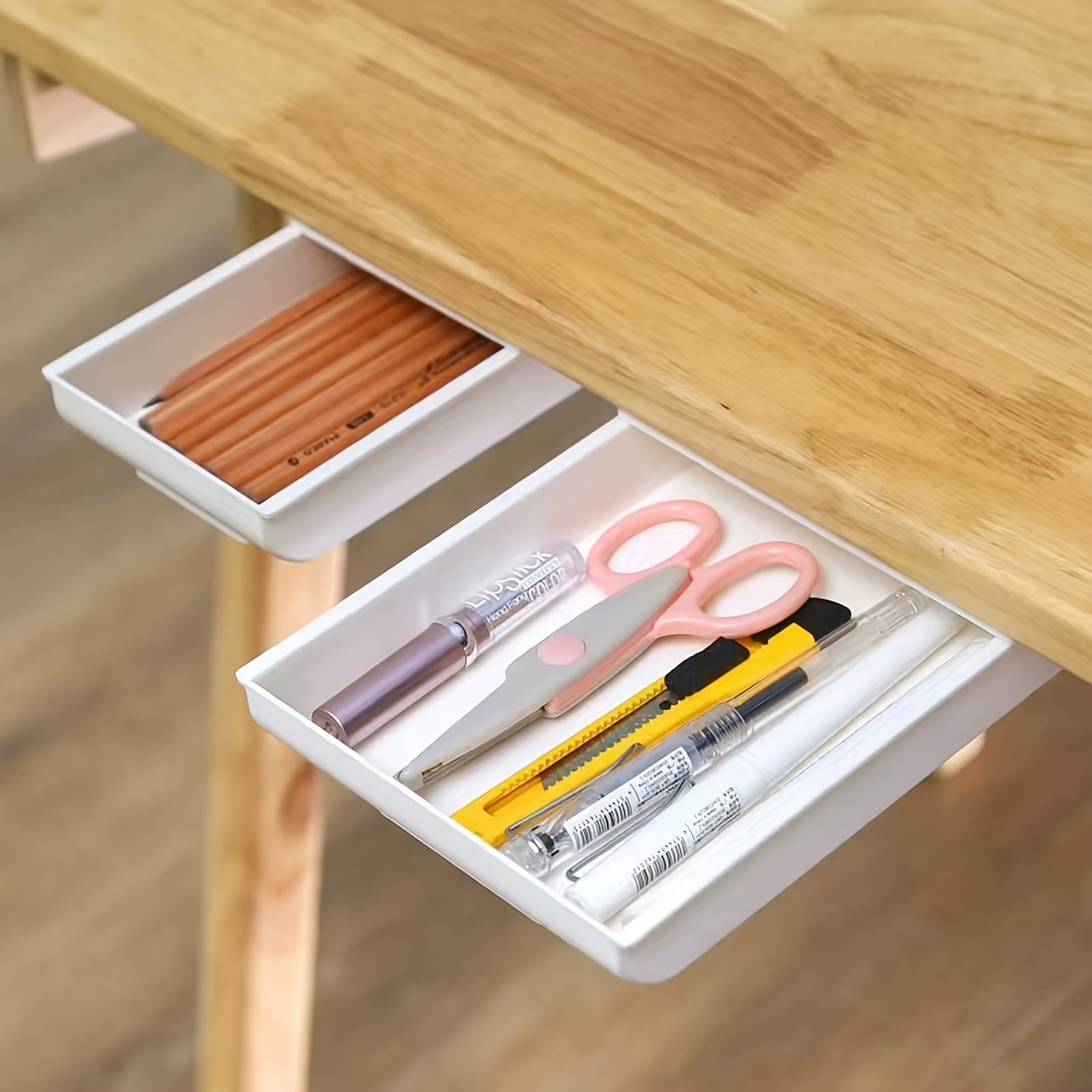 Desk Organizer with Hidden Drawer and Self-Adhesive Tray for Office and Home Storage