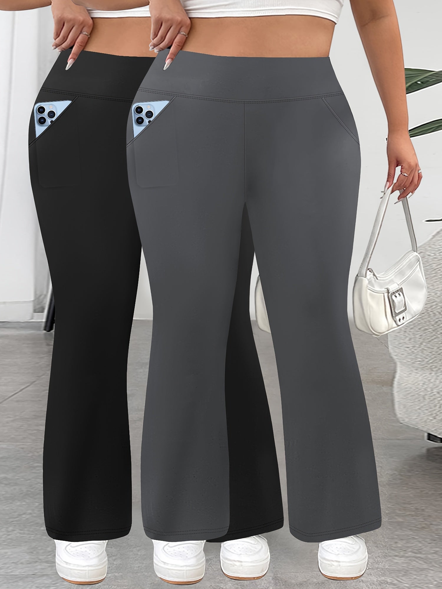 Plus Size High-Waist Flare Pants with Pockets - Stretchy Comfortable All Seasons