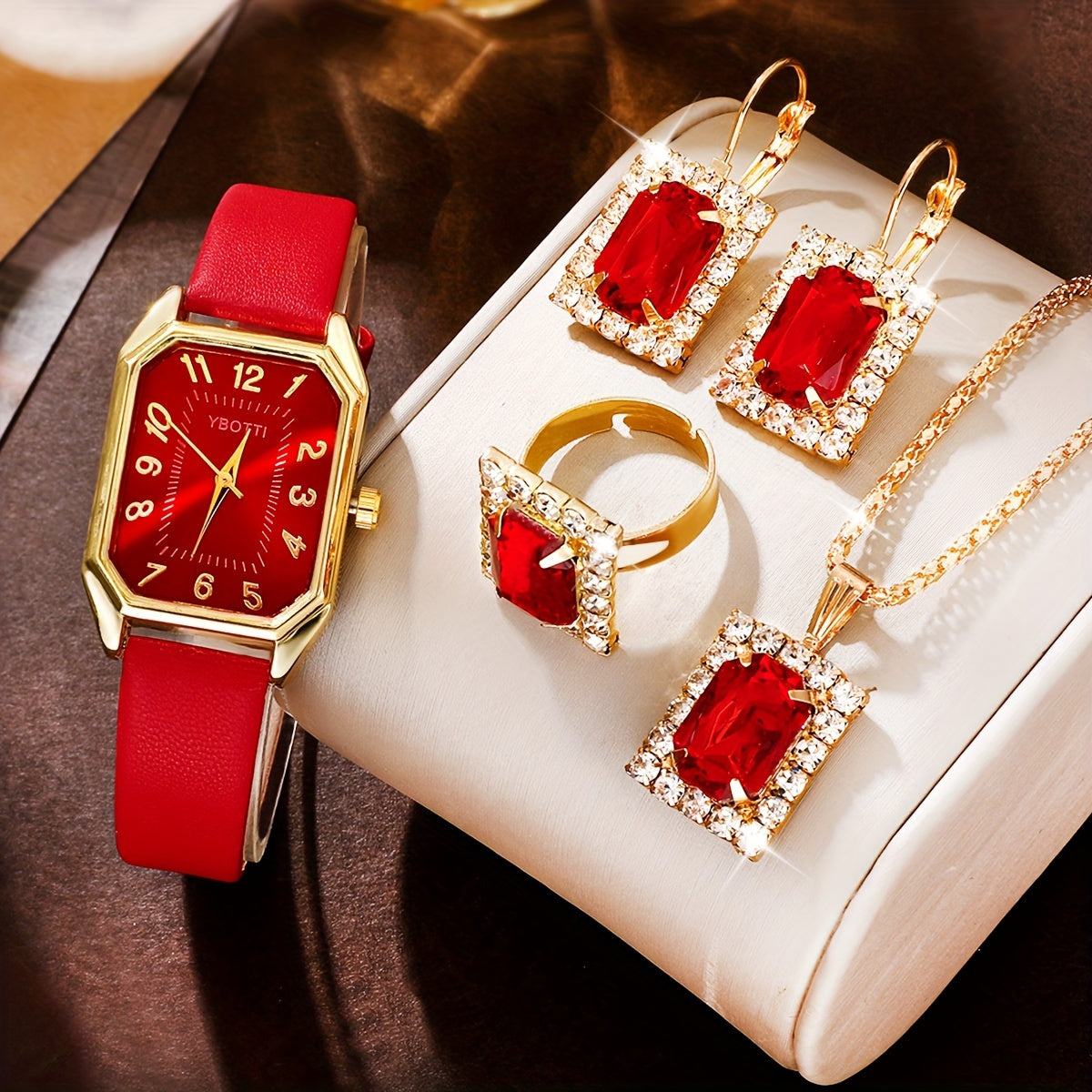Set of 5 Women's Retro Rectangle Quartz Watches with Leather Bands and Jewelry Gift