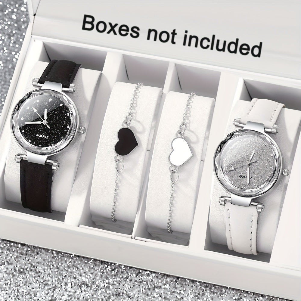 Ayollar va erkaklar uchun 4 ta kvarts soat va yurak bilakuzuklari to'plami, faux charm leather straplar, zamonaviy dumaloq qobiq, sovg'a to'plami