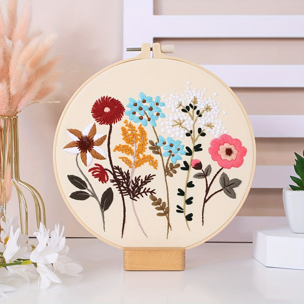 4-Piece Embroidery Kit with Floral Pattern, Hoops, Floss, Needles and 3-Pack Cross Stitch Kit for Beginners