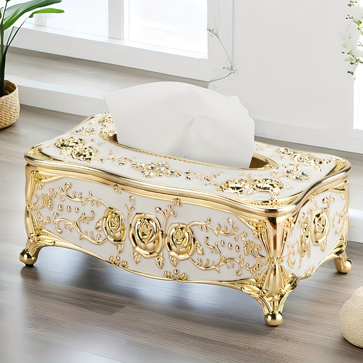 Cajita de pañuelos con patrón de rosas lujoso y soporte de papel chapado en oro