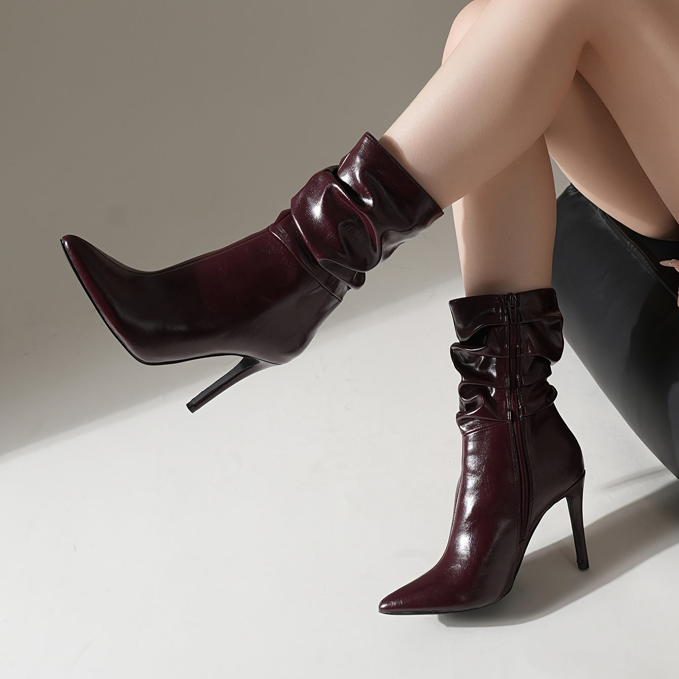 Women Burgundy Pointed Toe Ankle Boots With Zipper Casual Dress Allseason