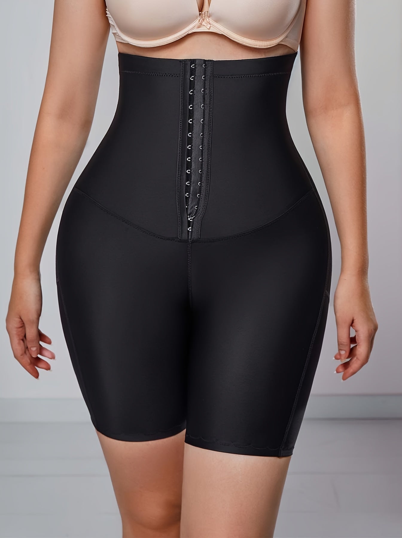 High Waist Compression Shorts with Front Buckle Tummy Control Solid Color Shapewear