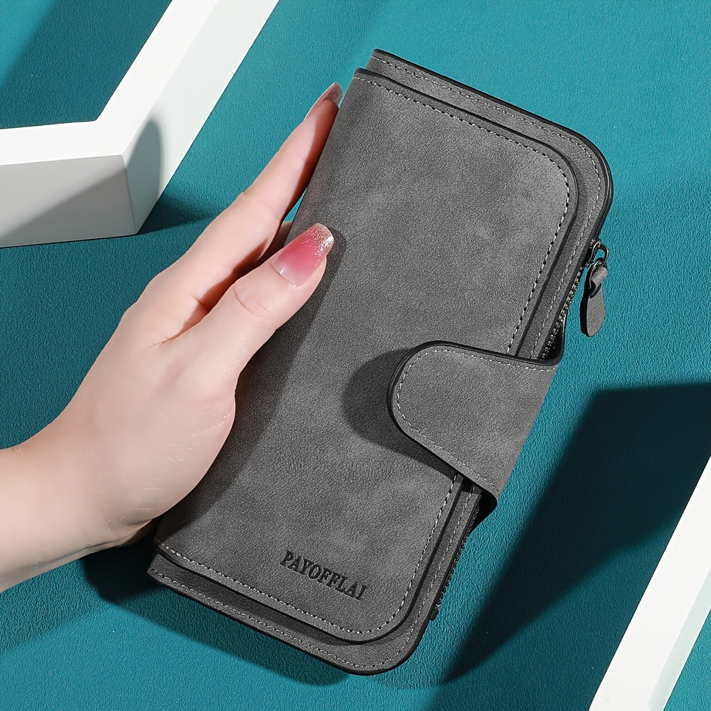 Yangi vintage uslubidagi ayollar uchun uzun hamyon, sun'iy charmdan tayyorlangan, tugmachali yopiq, zip cho'ntak, naylon astar, ko'p kartochka joylari va chet bo'yash tafsiloti bilan.