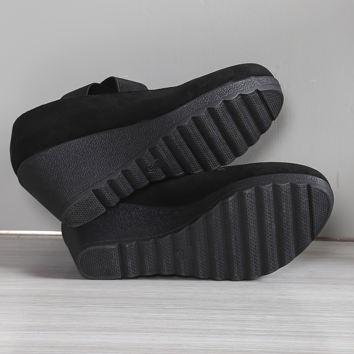 Women Slip-On Wedge Shoes Black Breathable Fabric All-Season Comfort