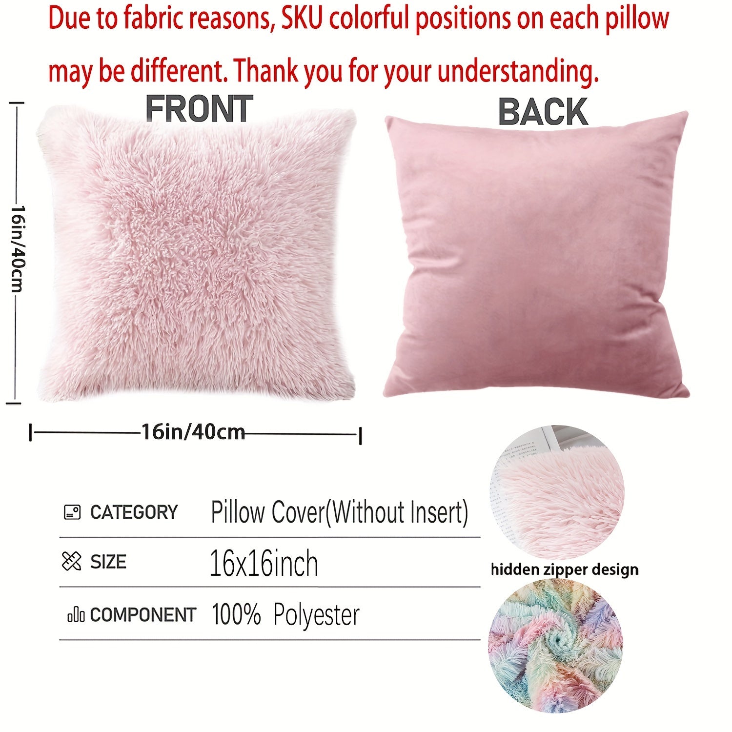 40.64 cm Fuzzy Throw Pillow Cover with Zipper Square Cushion Cover for Sofa Bed Decor