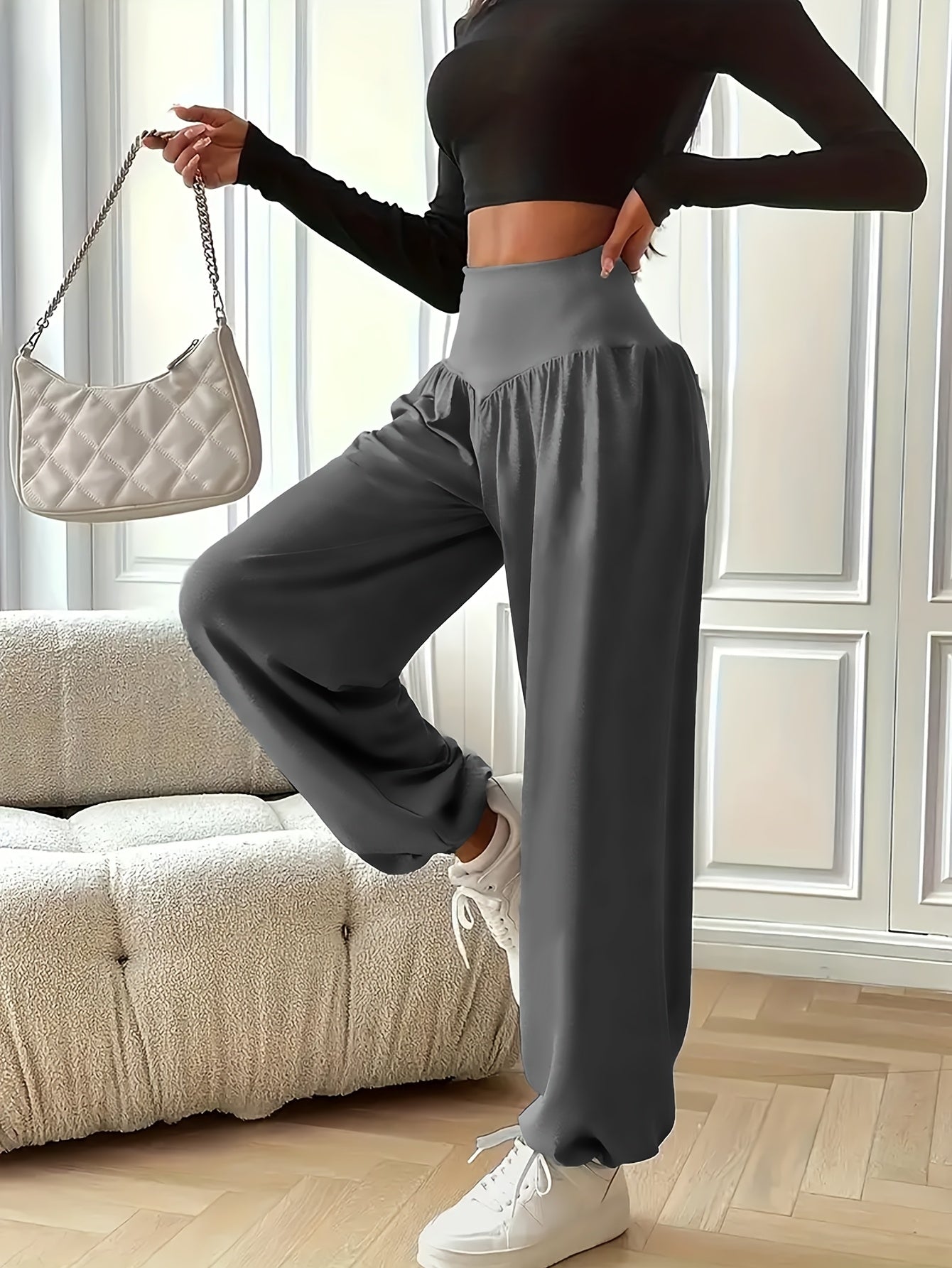 Women's High Waist Polyester Knit Sports Pants Quick-Dry Yoga Joggers for Adults