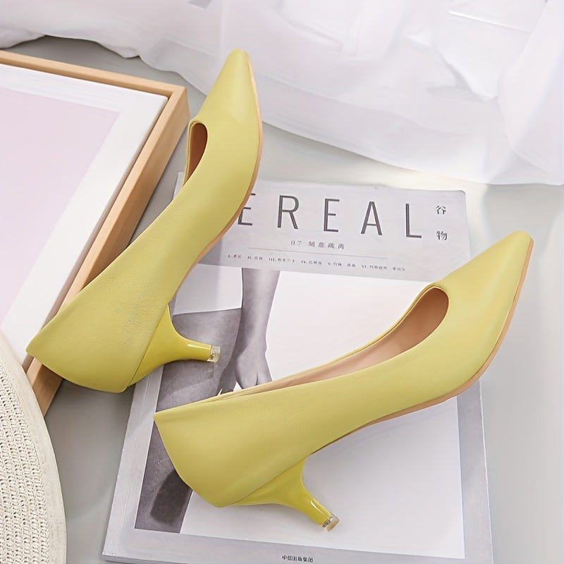 Women's Black Faux Leather Mid-Heel Pumps with Pointed Stiletto Toe and Rubber Sole