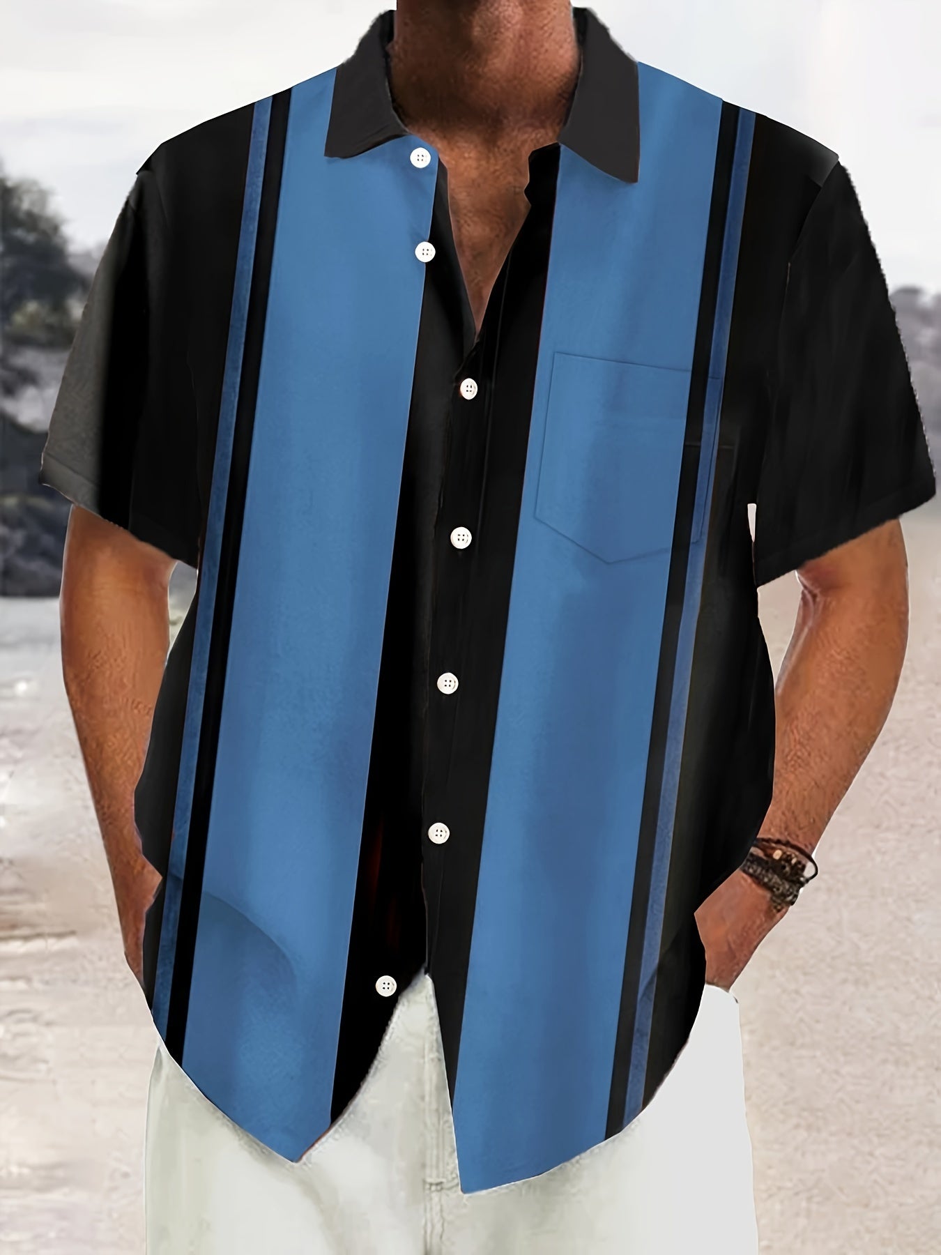 Мужская винтажная рубашка с цветными блоками и полосками, с тканым материалом и карманами на пуговицах