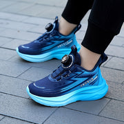 Kids' Navy Blue Mesh Sneakers with Stripes and Rotating Buckle for Boys and Girls