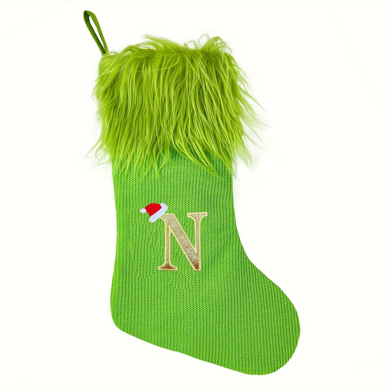 Calcetín de Navidad verde con bordado personalizado de iniciales para regalos navideños