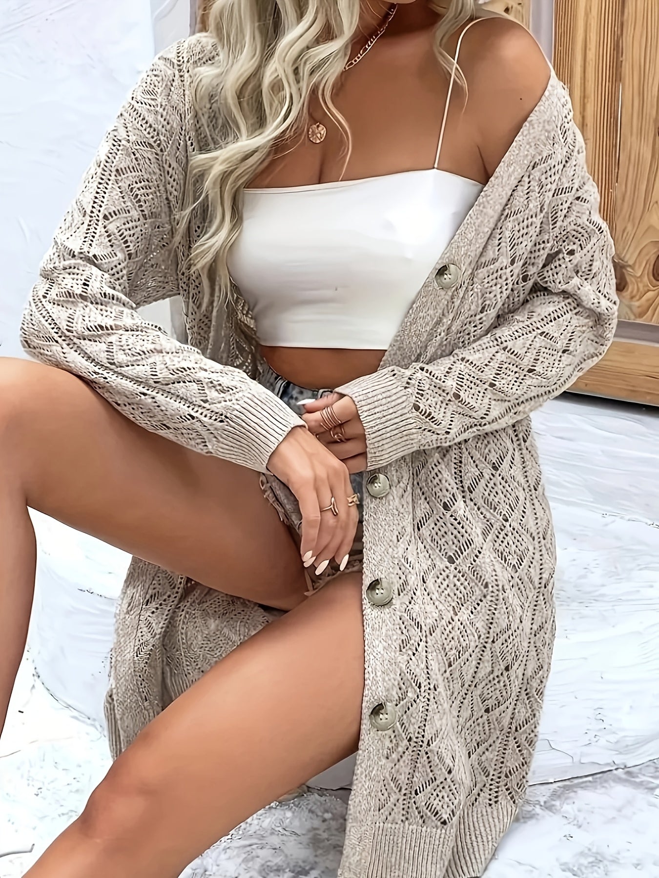 Women's Hollow Knit Cardigan Mid-Length Air Conditioned Layer