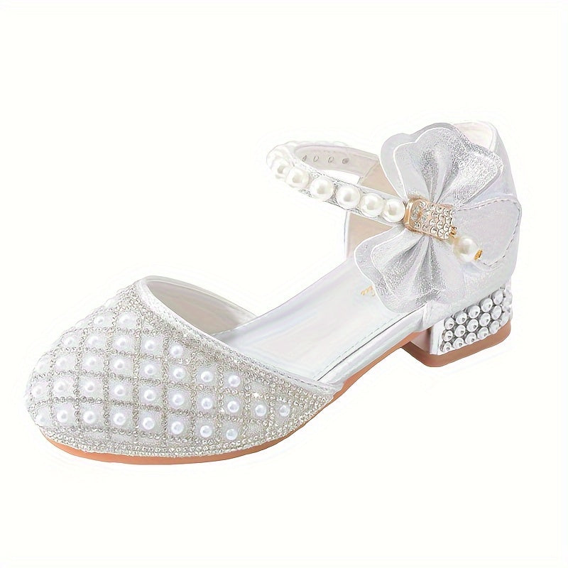 Girls Glitter Rhinestone Princess Shoes with Pearl Bow Block Heel Non-Slip Sole for School Dance Wedding Party