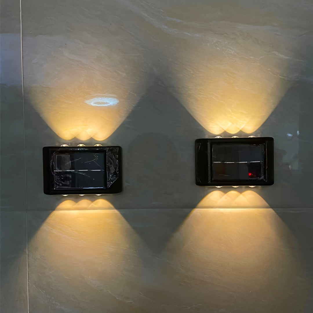 Aplique de pared solar con 6 LED de luz cálida, iluminación decorativa exterior, pantalla de acrílico, carcasa de plástico similar a metal