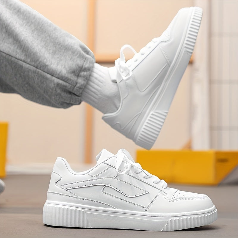 White Lace-Up Sneakers for Men Breathable Mesh Casual All-Season Durable PU EVA Insole