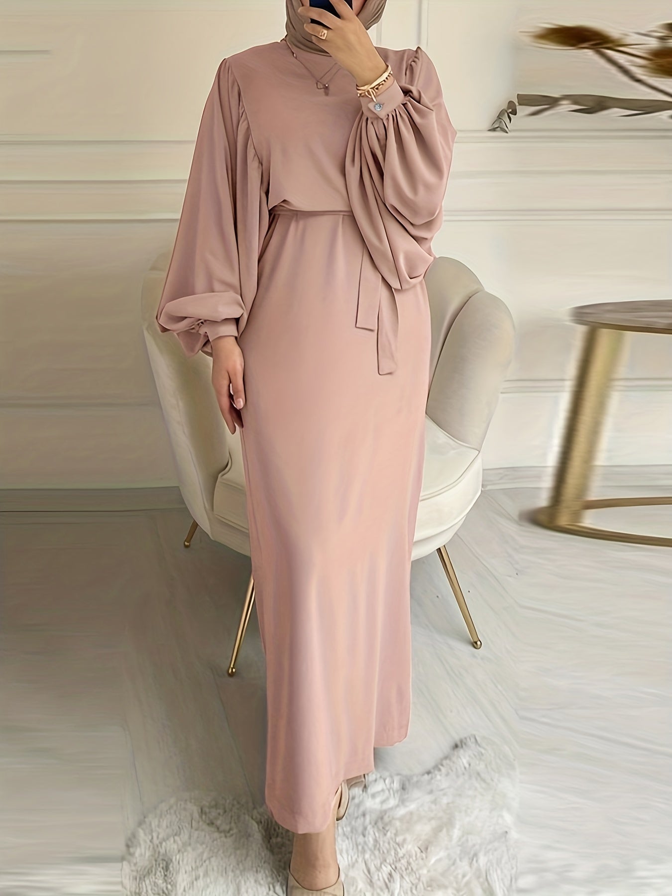 Maxi Abaya Dress with Solid Color Tie Waist Lantern Sleeves for Women
