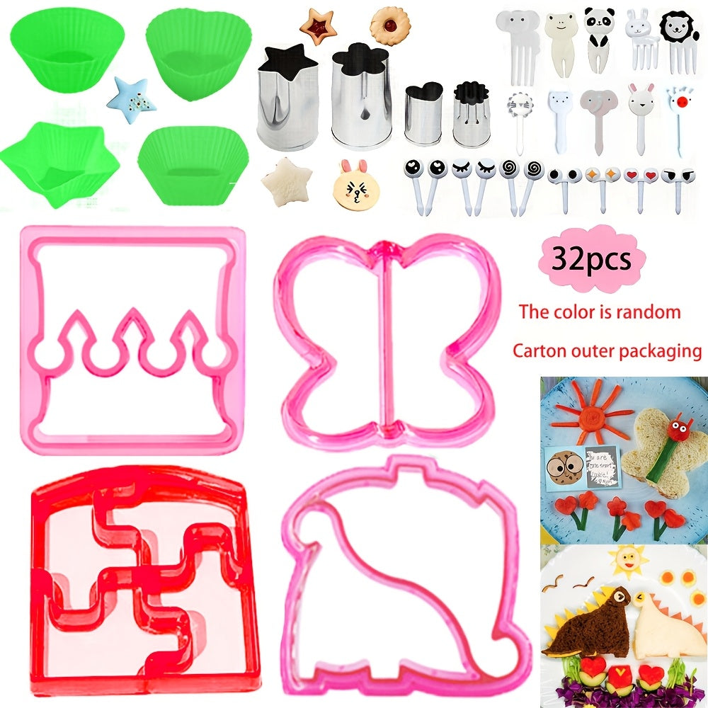 Набор из 32 машинок для резки сэндвичей с веерными вилками, включая 10 машинок для резки форм без использования бисфенола А, 12 оптовых машинок для резки фруктов и овощей из нержавеющей стали и 10 вилок для фруктов.