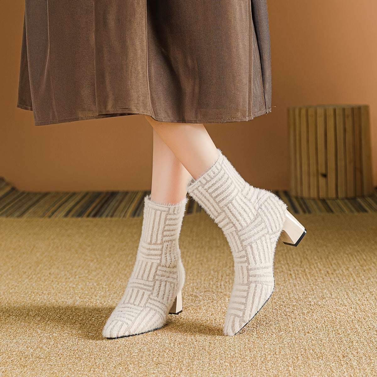 Women's Ankle Boots Knit Fabric Block Heel Slip-On Casual Styles