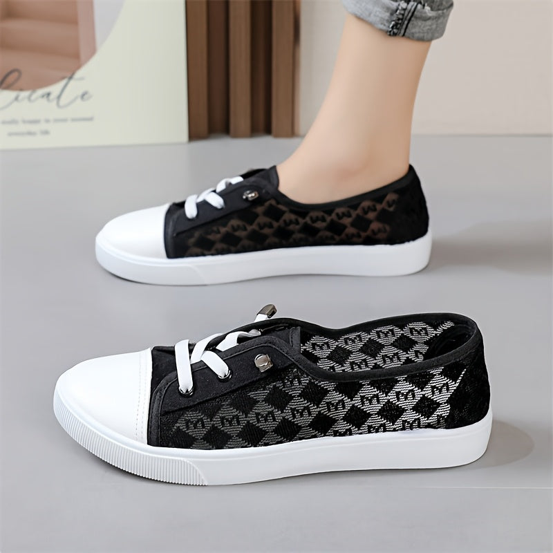 Women's Casual Sneakers Low-Top Lace-Up Slip-On Breathable Fabric White Black