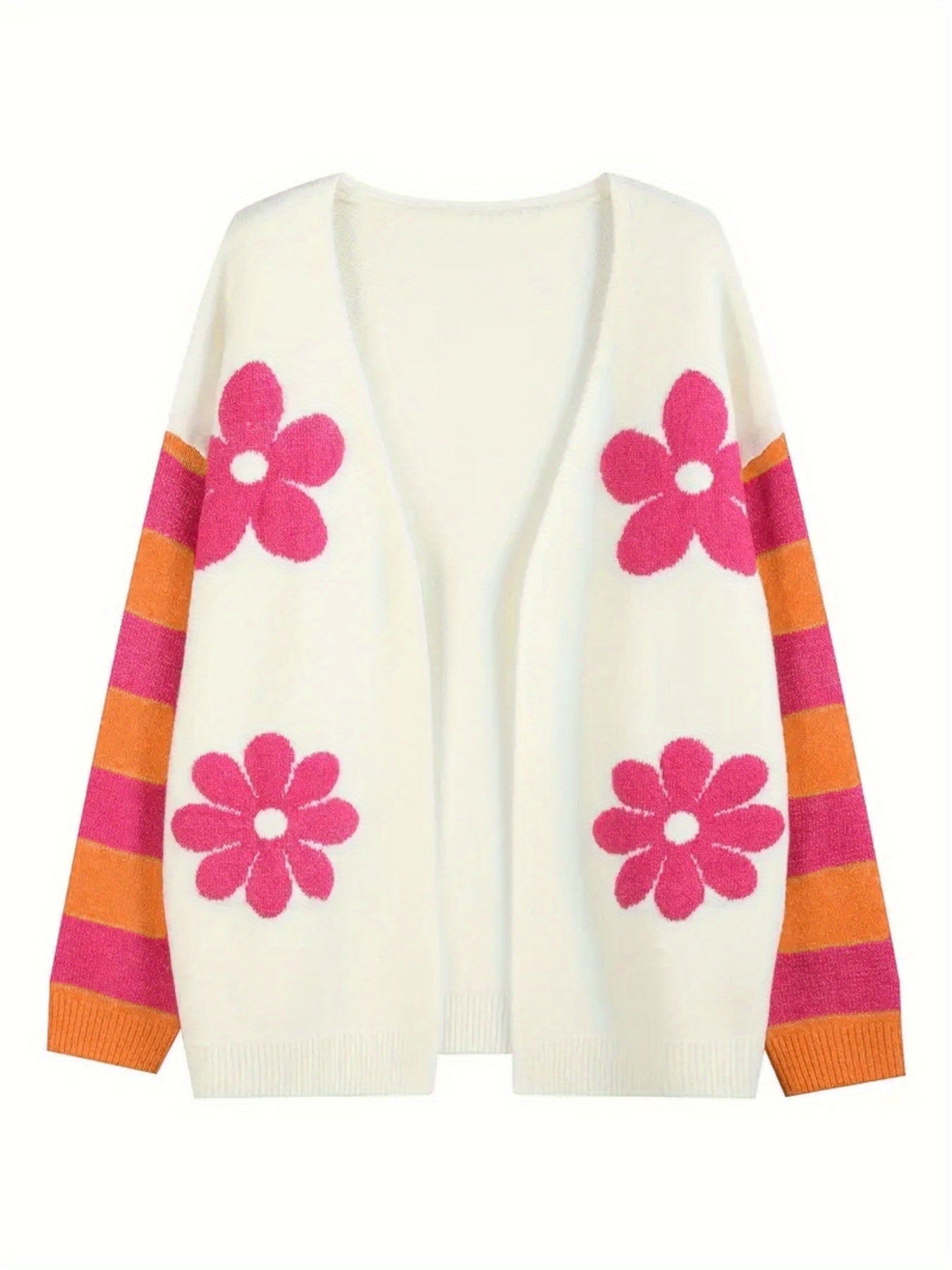 Women's Floral Jacquard V-Neck Cardigan Casual Loose Midi Lantern Sleeve Sweater