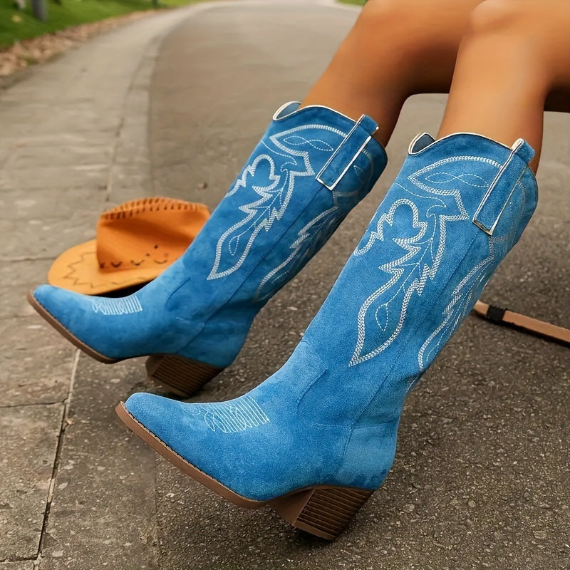 Women's Western Cowboy Boots Floral Embroidery Green Leather Pointed Toe