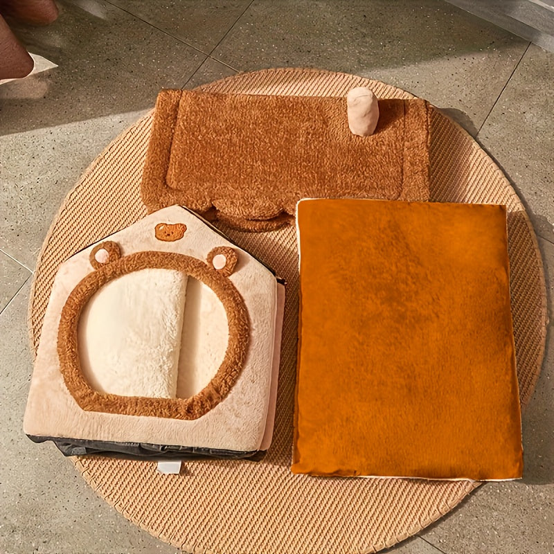 Detachable Brown Bear Style Dog House Polyester for Small Dogs All Year Comfort